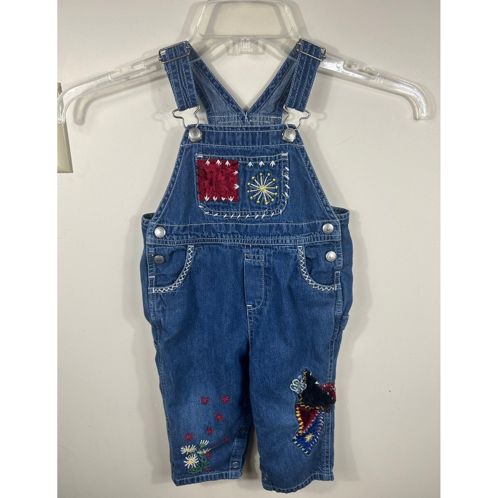 VTG 90s Baby Gap Denim Overalls Girls 18-24 Month Embroidered Patchwork Bibs Y2K